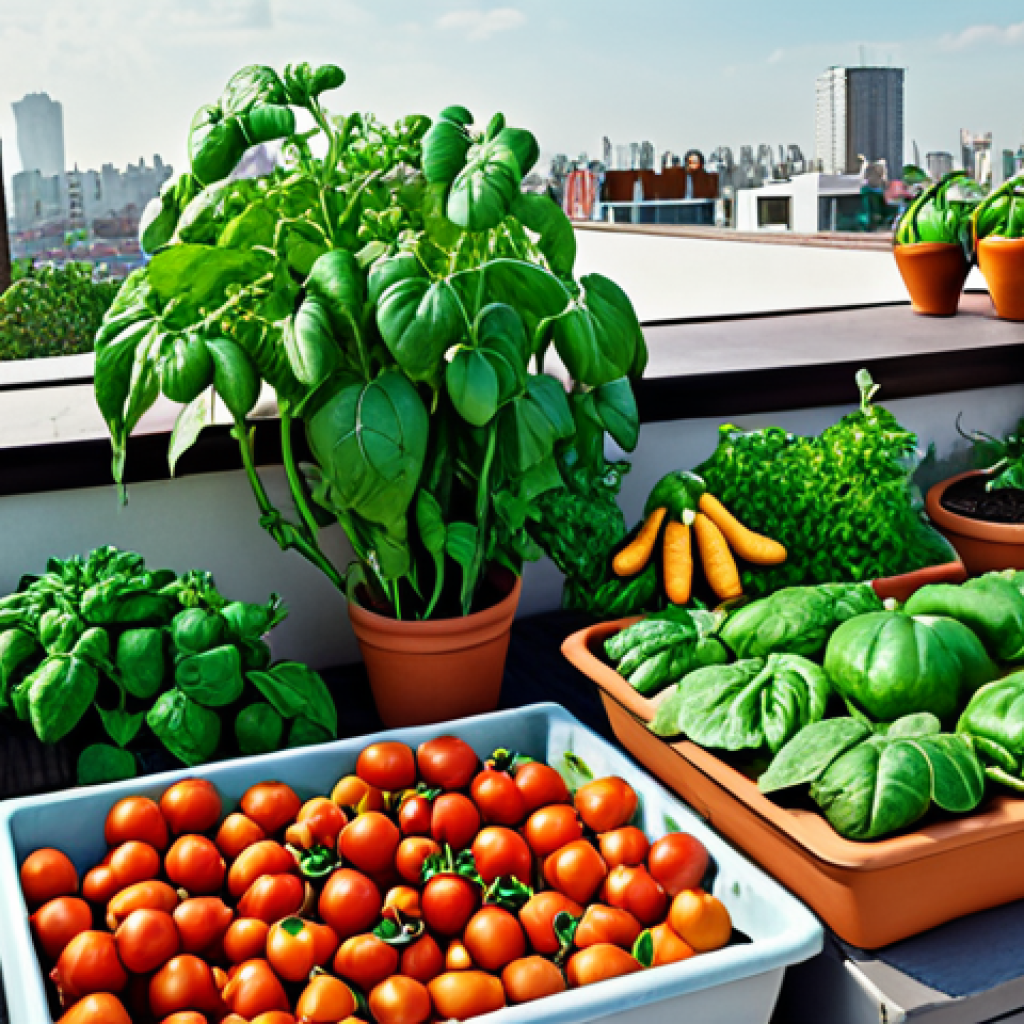 A rooftop garden with various vegetables growing in pots. Focus on lush greenery and the joy of urban gardening, showcasing tomatoes, eggplants, gourds, spinach, and capsicum.