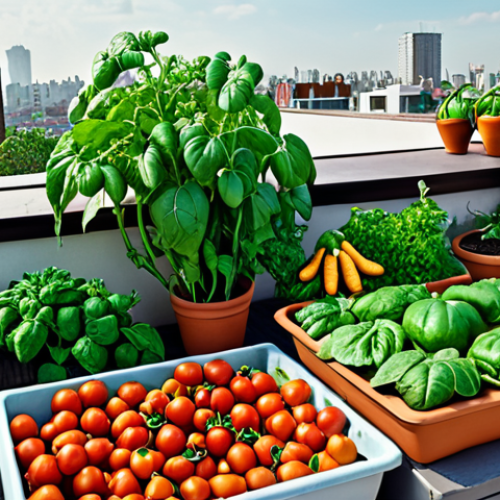 Home 11 A rooftop garden with various vegetables growing in pots. Focus on lush greenery and the joy of urban gardening, showcasing tomatoes, eggplants, gourds, spinach, and capsicum.