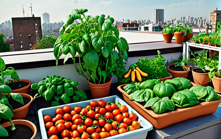 A rooftop garden with various vegetables growing in pots. Focus on lush greenery and the joy of urban gardening, showcasing tomatoes, eggplants, gourds, spinach, and capsicum.