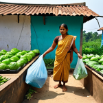 **Prompt 1: Local Adaptation and Sustainable Living in Bengal**
    A vibrant, hopeful image depicting a rural or semi-urban Bengali household actively engaged in sustainable living practices. Focus on individuals or a family. Include elements like a lush rooftop vegetable garden, a person using a reusable cloth bag for shopping, someone carrying a reusable water bottle, or the careful segregation of household waste into separate bins. The scene should exude a sense of self-reliance, community spirit, and quiet determination against the backdrop of changing climate. Emphasize natural light and the integration of these practices into daily life in a Bengali context.
