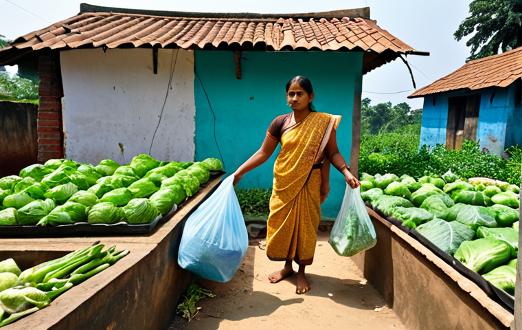 **Prompt 1: Local Adaptation and Sustainable Living in Bengal**
A vibrant, hopeful image depicting a rural or semi-urban Bengali household actively engaged in sustainable living practices. Focus on individuals or a family. Include elements like a lush rooftop vegetable garden, a person using a reusable cloth bag for shopping, someone carrying a reusable water bottle, or the careful segregation of household waste into separate bins. The scene should exude a sense of self-reliance, community spirit, and quiet determination against the backdrop of changing climate. Emphasize natural light and the integration of these practices into daily life in a Bengali context.