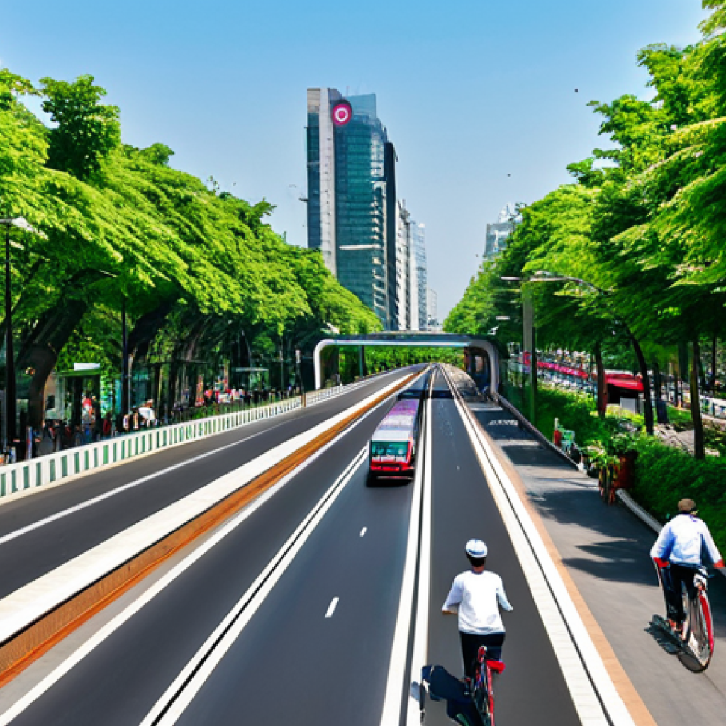 **

"A bustling city street scene, showcasing a modern metro train gliding above, amidst lush green trees lining the road. People are riding bicycles on dedicated lanes, all fully clothed in modest, everyday attire. In the background, buildings have rooftop gardens. Clean, vibrant, professional, safe for work, appropriate content, perfect anatomy, natural proportions, family-friendly."

**