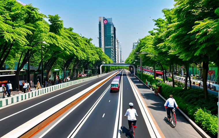 **

"A bustling city street scene, showcasing a modern metro train gliding above, amidst lush green trees lining the road. People are riding bicycles on dedicated lanes, all fully clothed in modest, everyday attire. In the background, buildings have rooftop gardens. Clean, vibrant, professional, safe for work, appropriate content, perfect anatomy, natural proportions, family-friendly."

**