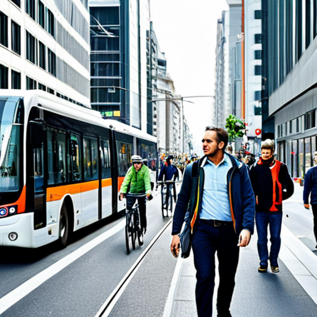 Eco-Friendly Transportation**

"A bustling city street with a dedicated bicycle lane filled with cyclists, alongside modern buses and a sleek metro train in the background, fully clothed pedestrians walking safely, appropriate content, safe for work, perfect anatomy, natural proportions, professional urban photography, high quality, family-friendly".

**