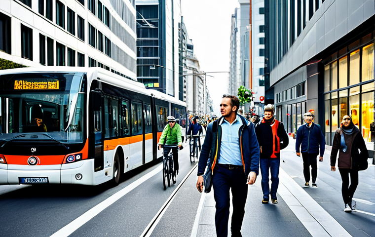 Eco-Friendly Transportation**

"A bustling city street with a dedicated bicycle lane filled with cyclists, alongside modern buses and a sleek metro train in the background, fully clothed pedestrians walking safely, appropriate content, safe for work, perfect anatomy, natural proportions, professional urban photography, high quality, family-friendly".

**