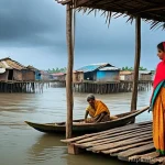 기후 위기와 시민의 지속적인 참여 방안 - A vibrant and detailed realistic portrait of a Bengali fishing village grappling with the impacts of...