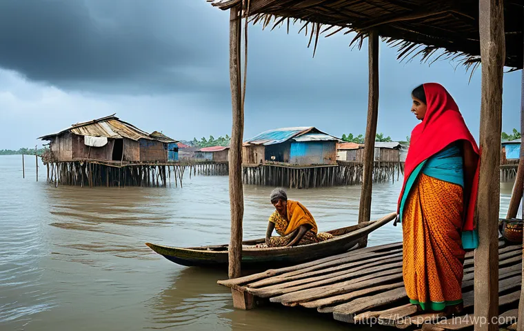 기후 위기와 시민의 지속적인 참여 방안 - A vibrant and detailed realistic portrait of a Bengali fishing village grappling with the impacts of...