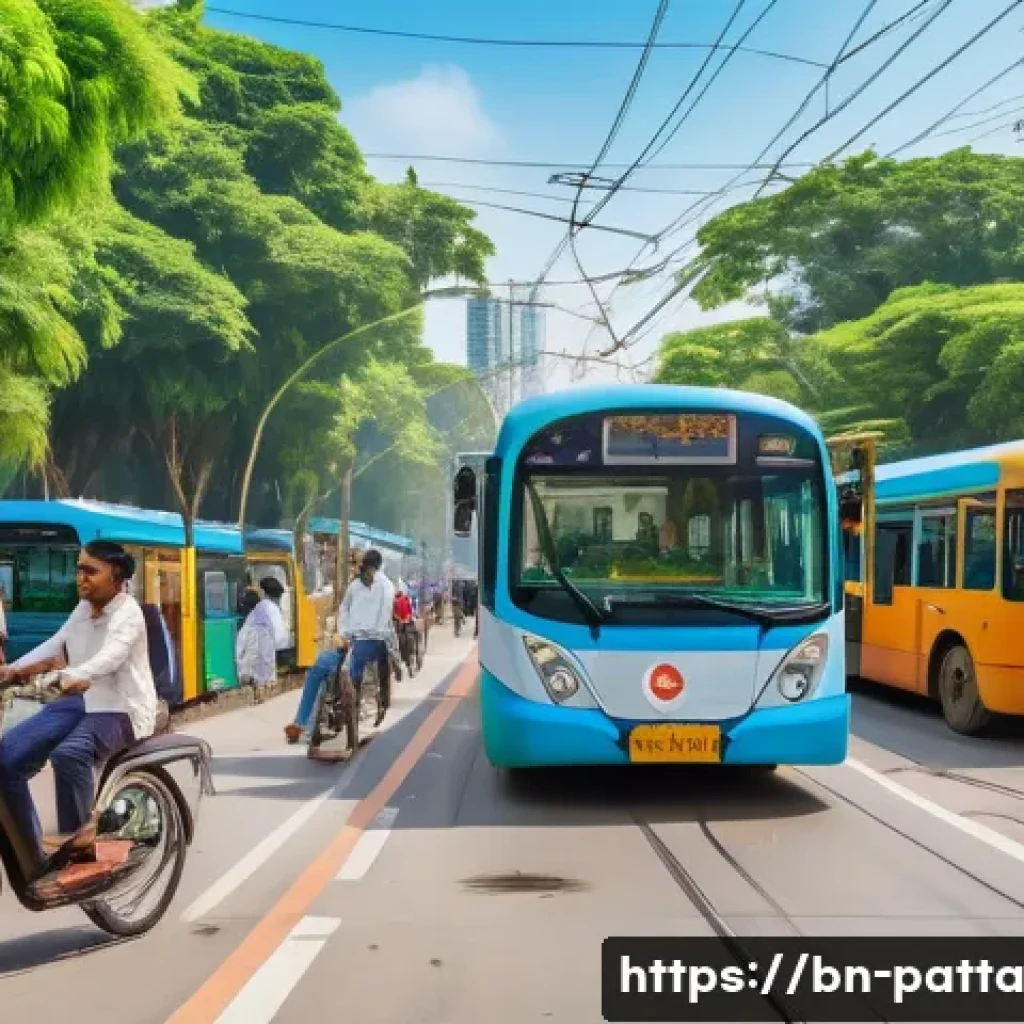 기후 변화와 지속 가능한 도시 발전 - A vibrant urban scene showcasing an eco-friendly transportation system in a Bengali city, featuring ...