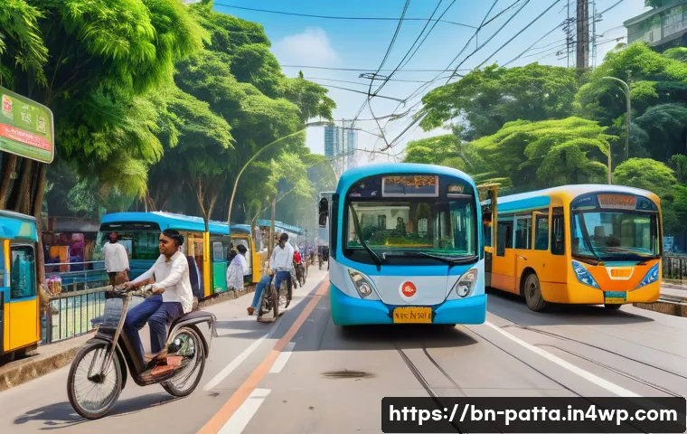 기후 변화와 지속 가능한 도시 발전 - A vibrant urban scene showcasing an eco-friendly transportation system in a Bengali city, featuring ...