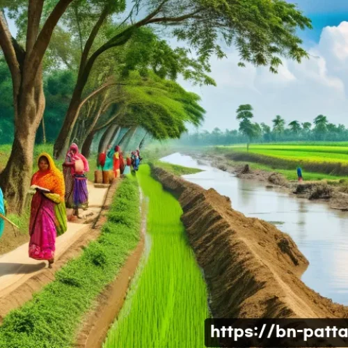 Home 31 기후 변화와 시민 참여의 실효성 - A vibrant rural community scene in Bengal with men and women planting trees along a village road bes...