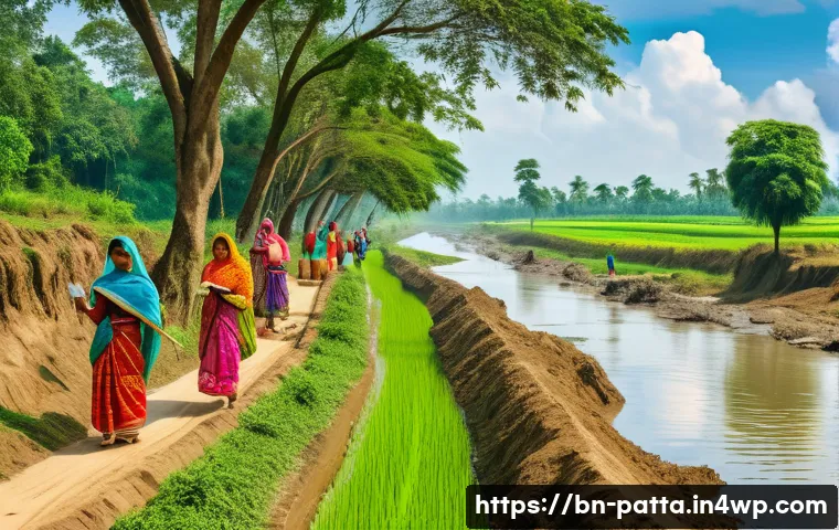 기후 변화와 시민 참여의 실효성 - A vibrant rural community scene in Bengal with men and women planting trees along a village road bes...