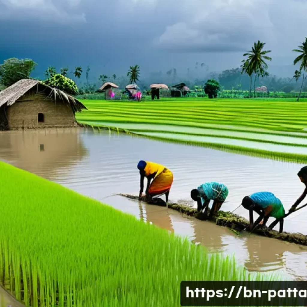 기후 위기 대응 시나리오 분석 - A vivid scene showing a rural Bengali village affected by climate change: flooded rice paddies under...