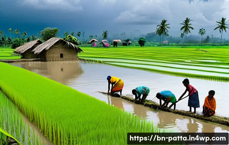 기후 위기 대응 시나리오 분석 - A vivid scene showing a rural Bengali village affected by climate change: flooded rice paddies under...