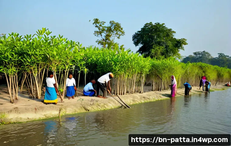 기후 변화 대응을 위한 다문화 사회의 참여 - Photorealistic community climate action scene in Bangladesh, a diverse group of Bengali, Indigenous,...