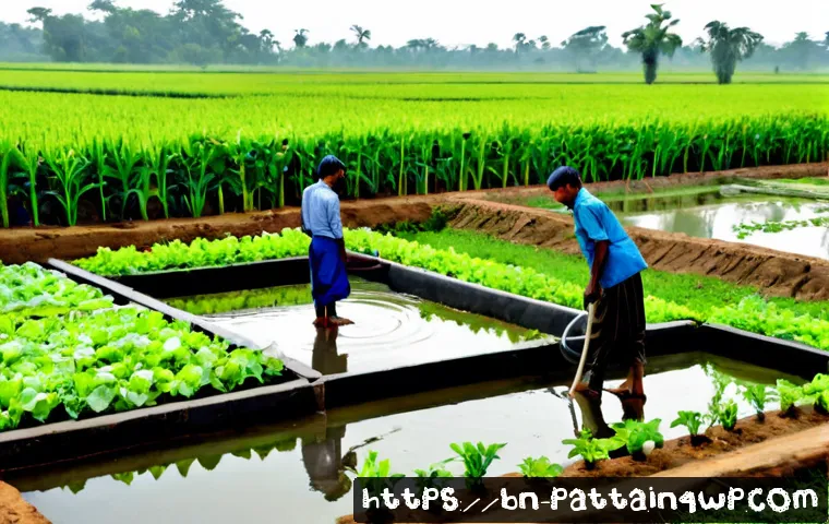 Home 17 기후 위기와 농촌 지역의 대응 모델 - Photorealistic rural Bangladesh climate resilience farm, Bangladeshi farmers in practical work cloth...